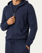 Sudadera azul marino Amalfi de cachemir con capucha, bolsillo canguro y cremallera
