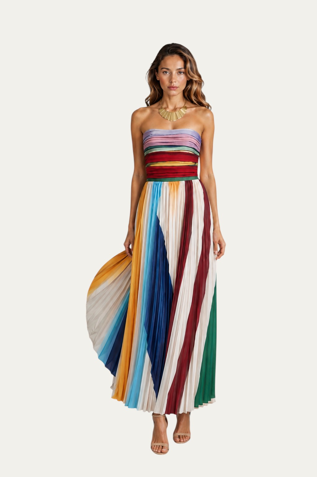 Vestido largo elegante sin mangas con rayas verticales multicolor y falda plisada