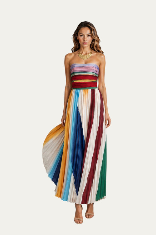 Vestido largo elegante sin mangas con rayas verticales multicolor y falda plisada