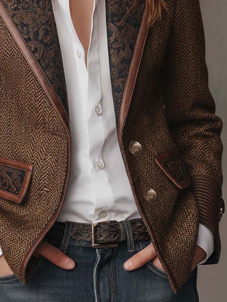 Blazer marrón con panel estampado oscuro, botón frontal y bolsillo ribeteado, vista cercana.