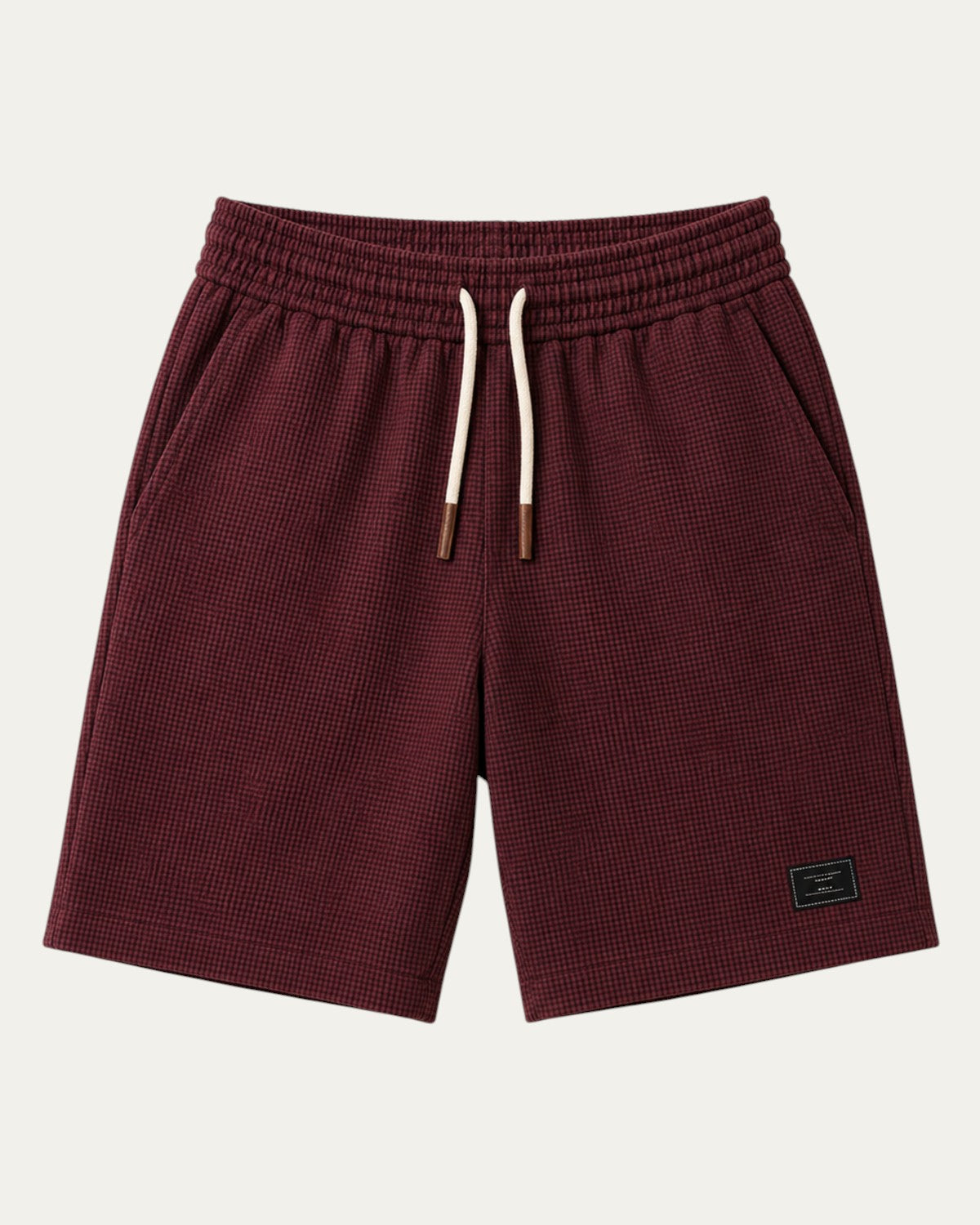 Bermudas elegantes burdeos con cintura elástica y cordón, etiqueta lateral