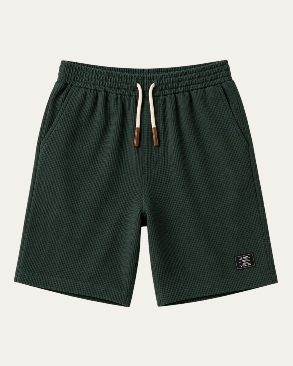 Bermudas elegantes verde bosque con cintura elástica y cordón, etiqueta lateral