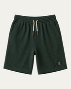 Bermudas elegantes verde bosque con cintura elástica y cordón, etiqueta lateral