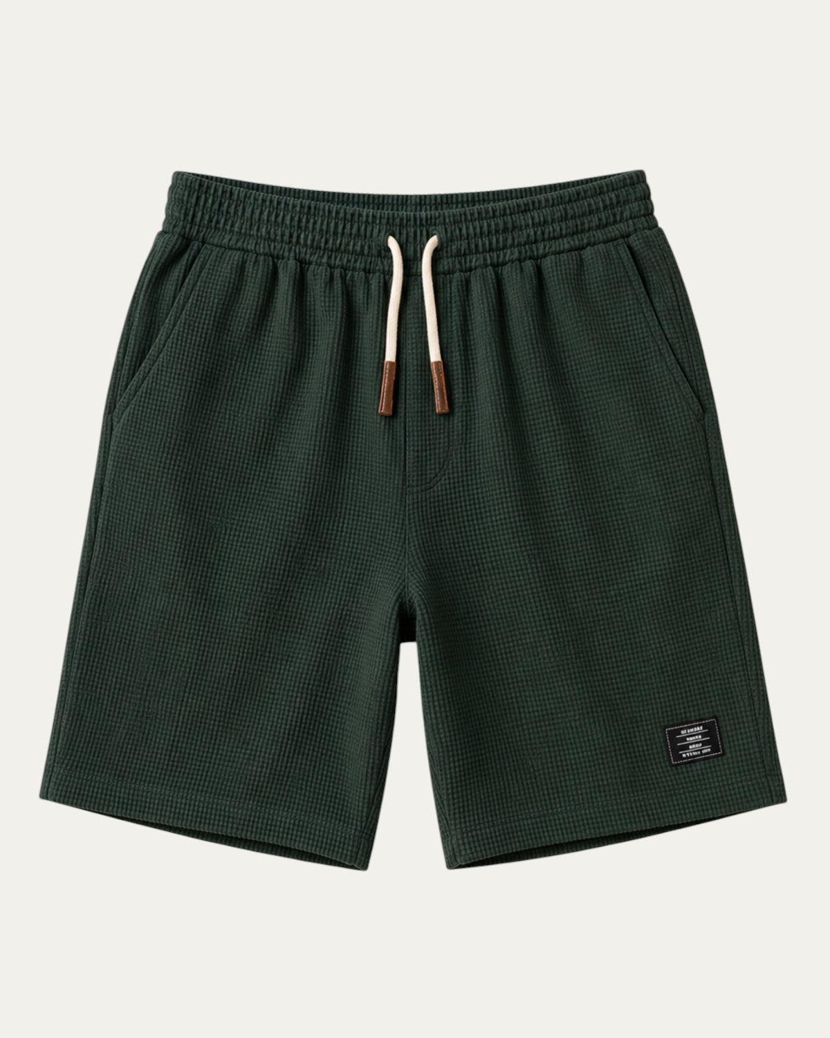 Bermudas elegantes verde bosque con cintura elástica y cordón, etiqueta lateral