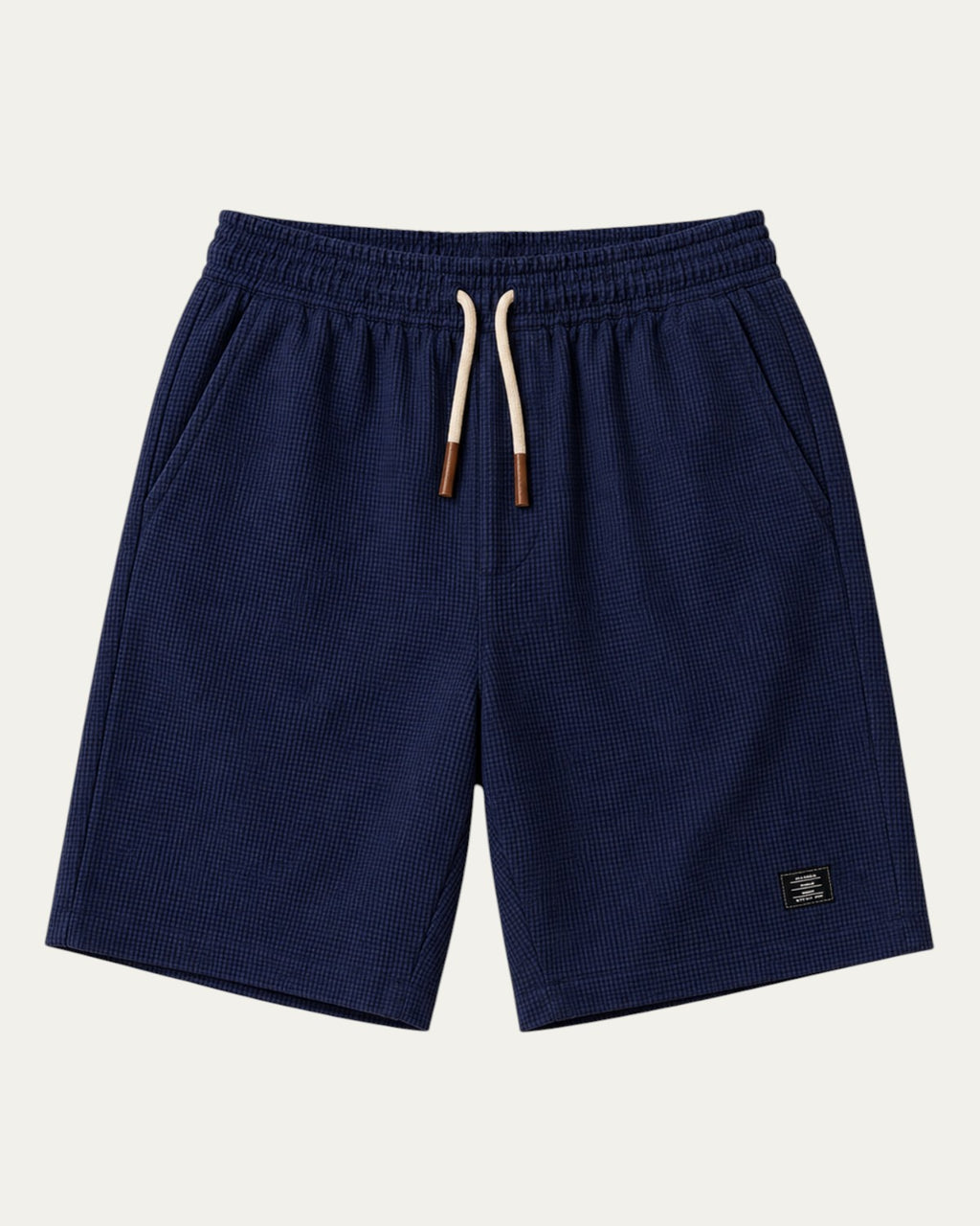 Bermudas elegantes azules con cintura elástica y cordón, etiqueta lateral