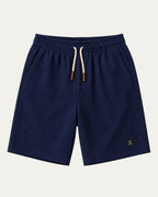 Bermudas elegantes azules con cintura elástica y cordón, etiqueta lateral