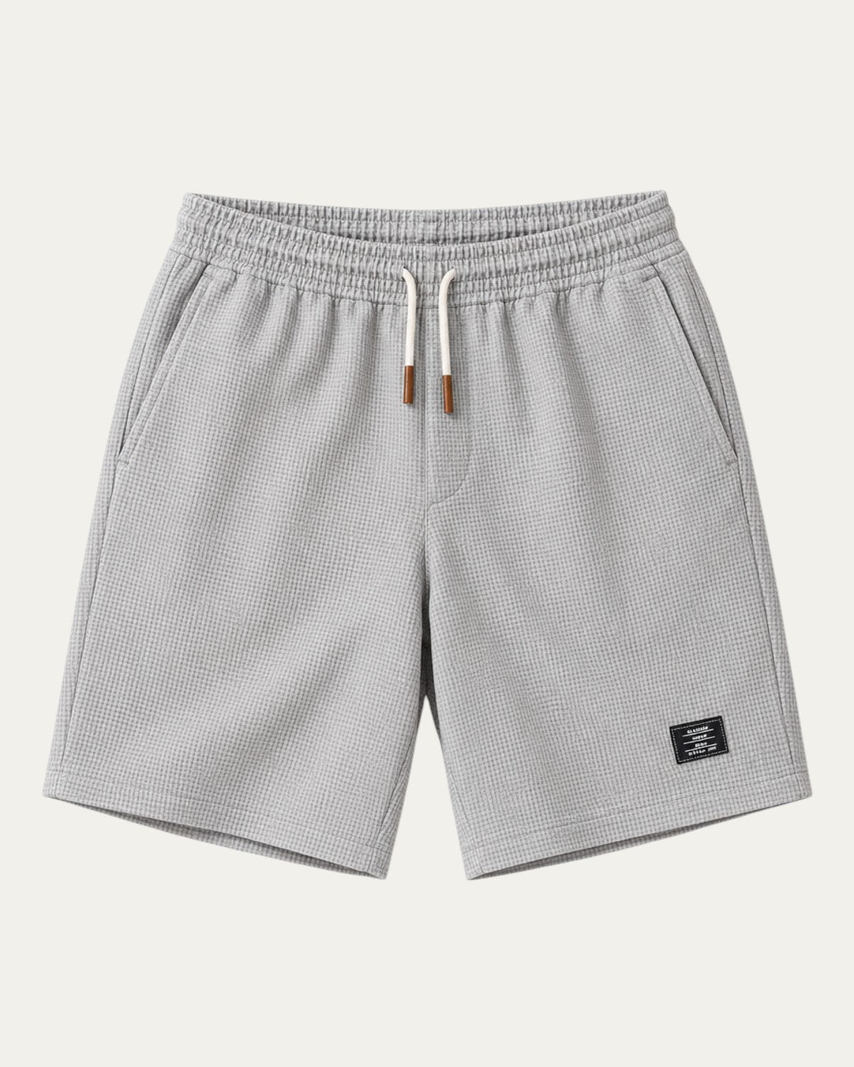 Bermudas elegantes grises claras con cintura elástica y cordón, etiqueta lateral