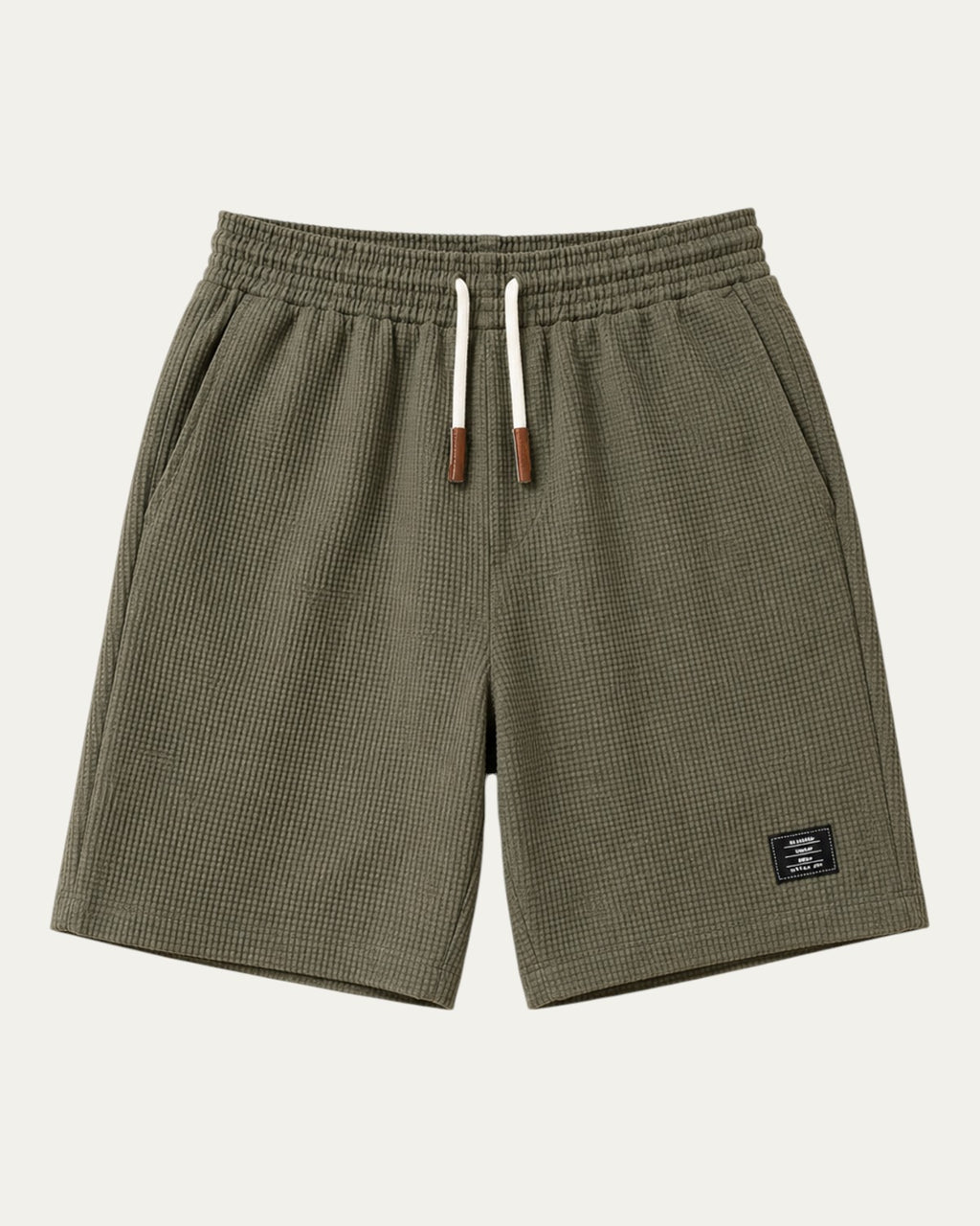 Bermudas elegantes caqui con cintura elástica y cordón, etiqueta lateral