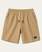 Shorts elegantes caqui con cintura elástica y cordón, parche decorativo lateral