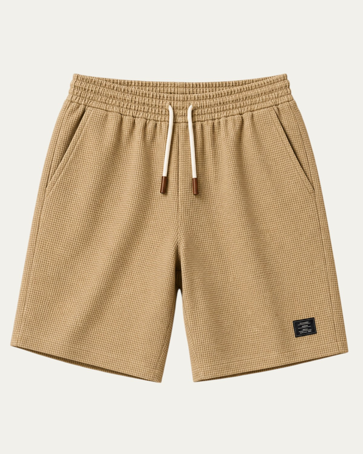 Shorts elegantes caqui con cintura elástica y cordón, parche decorativo lateral