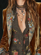Blazer vintage marrón con solapa y paneles estampados florales