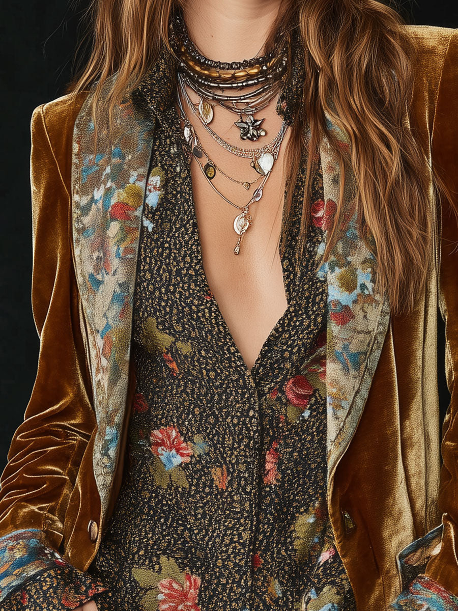 Blazer vintage marrón con solapa y paneles estampados florales