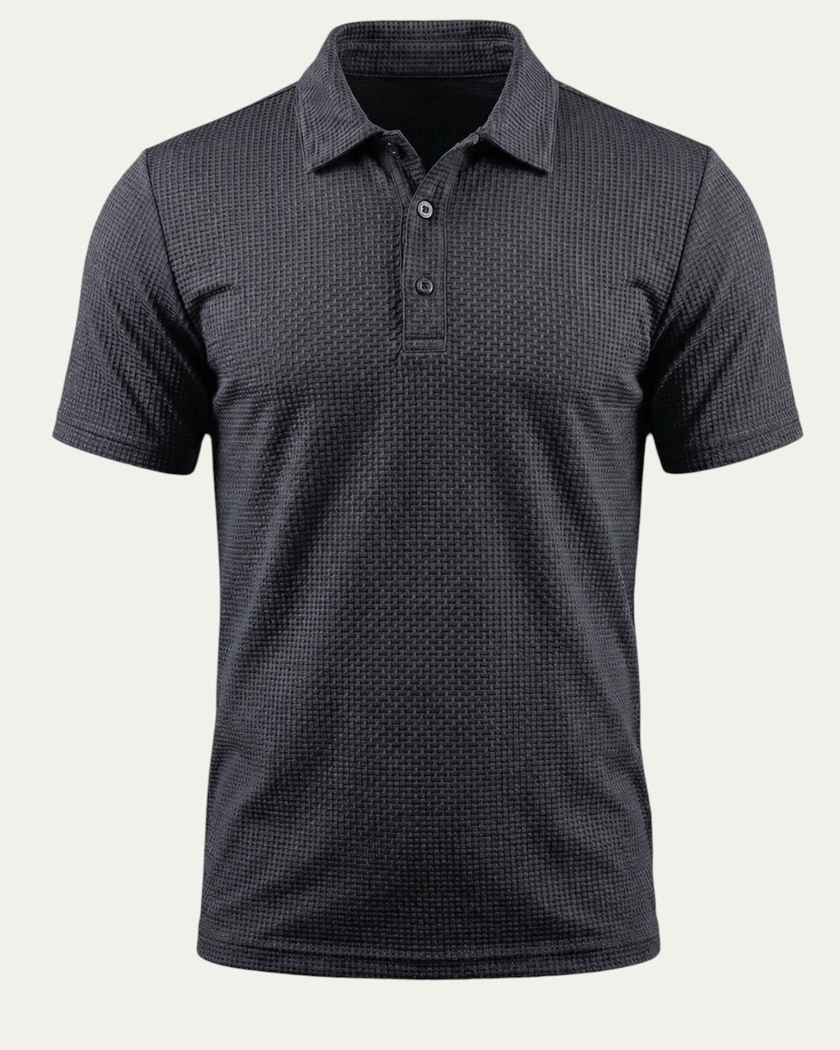 Polo ajustado gris oscuro con cuello camisero y botones en la tapeta