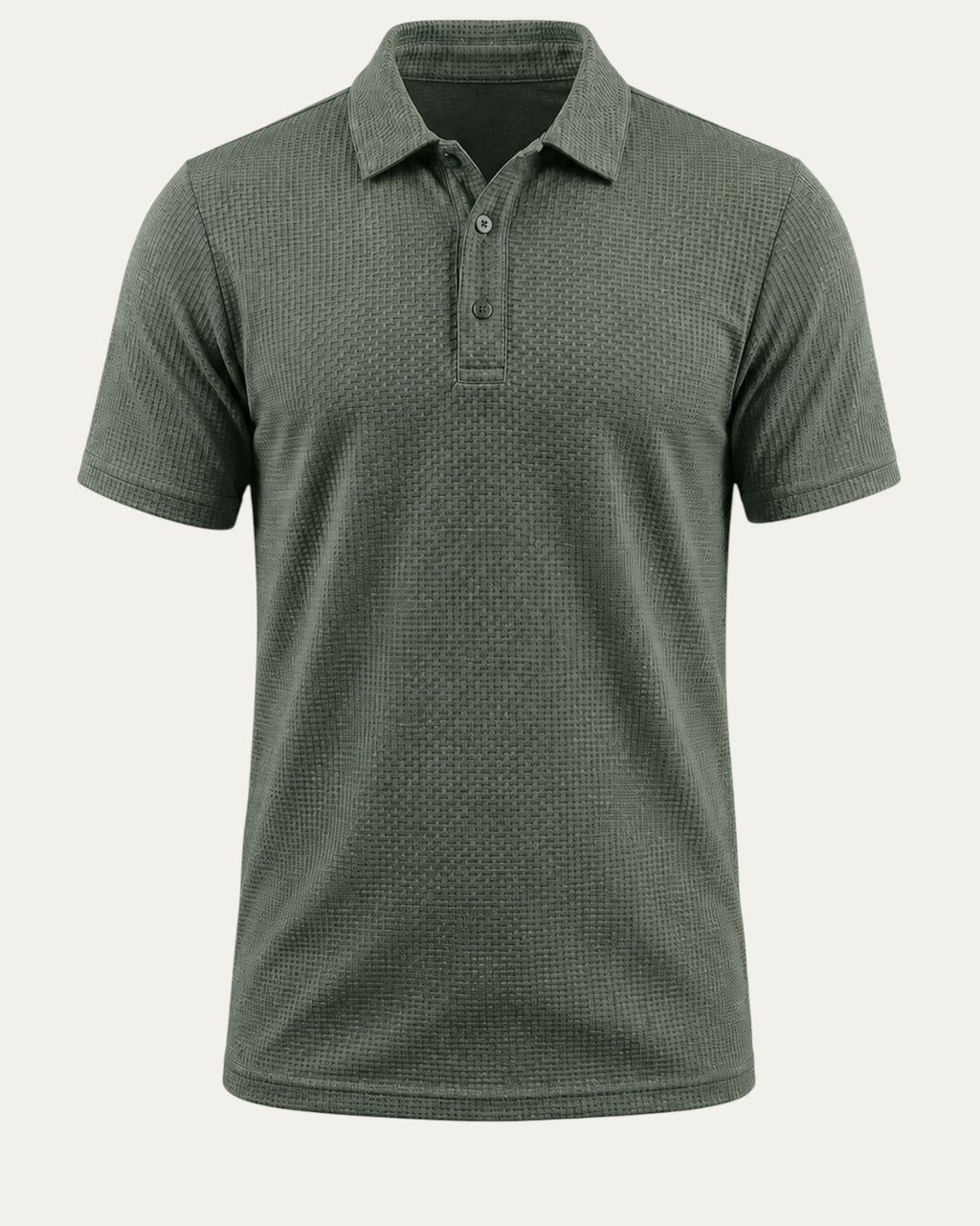 Polo ajustado verde con cuello camisero y botones, manga corta