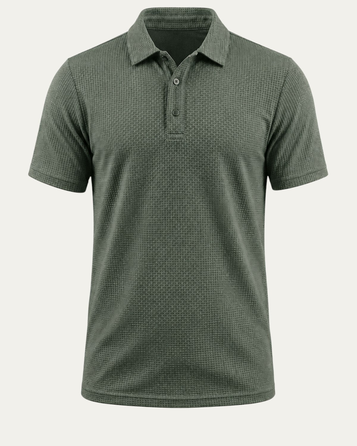 Polo ajustado verde con cuello camisero y botones, manga corta