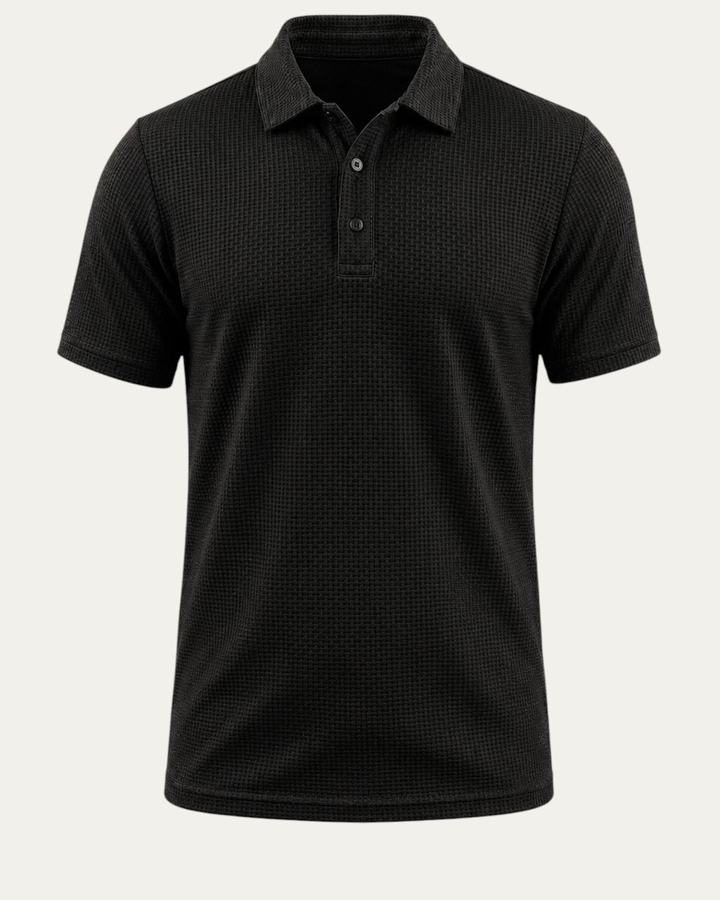 Polo ajustado negro con cuello camisero y botones, estilo de manga corta