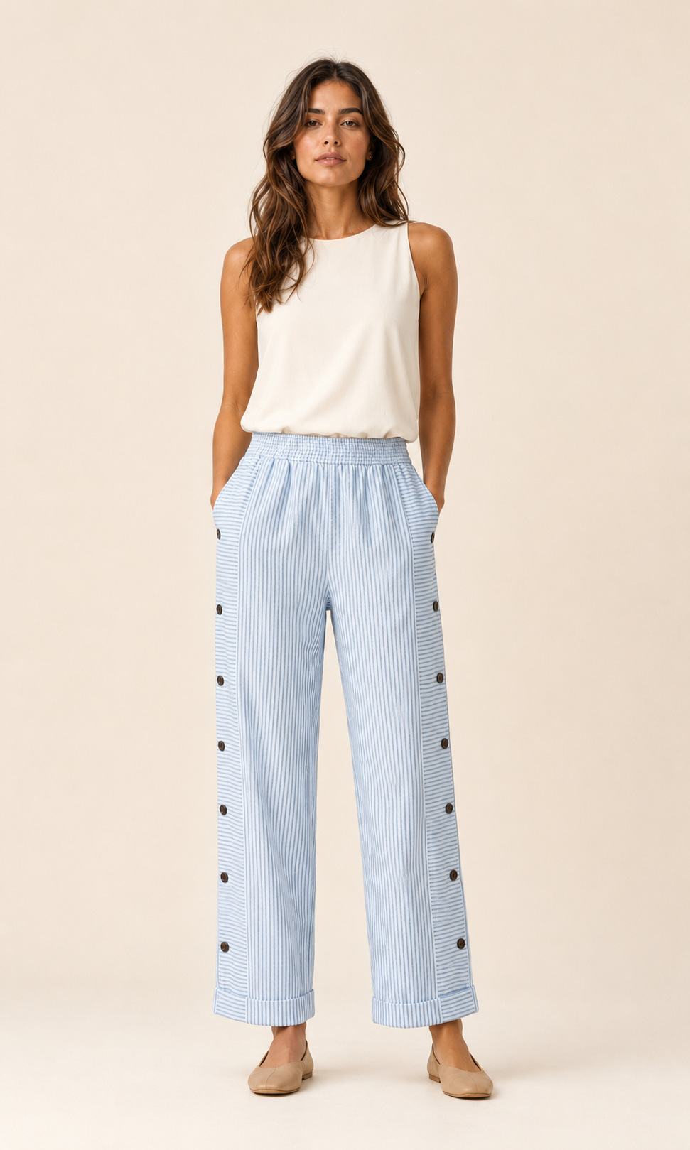 Pantalón de lino azul claro con rayas finas, cintura elástica y botones laterales