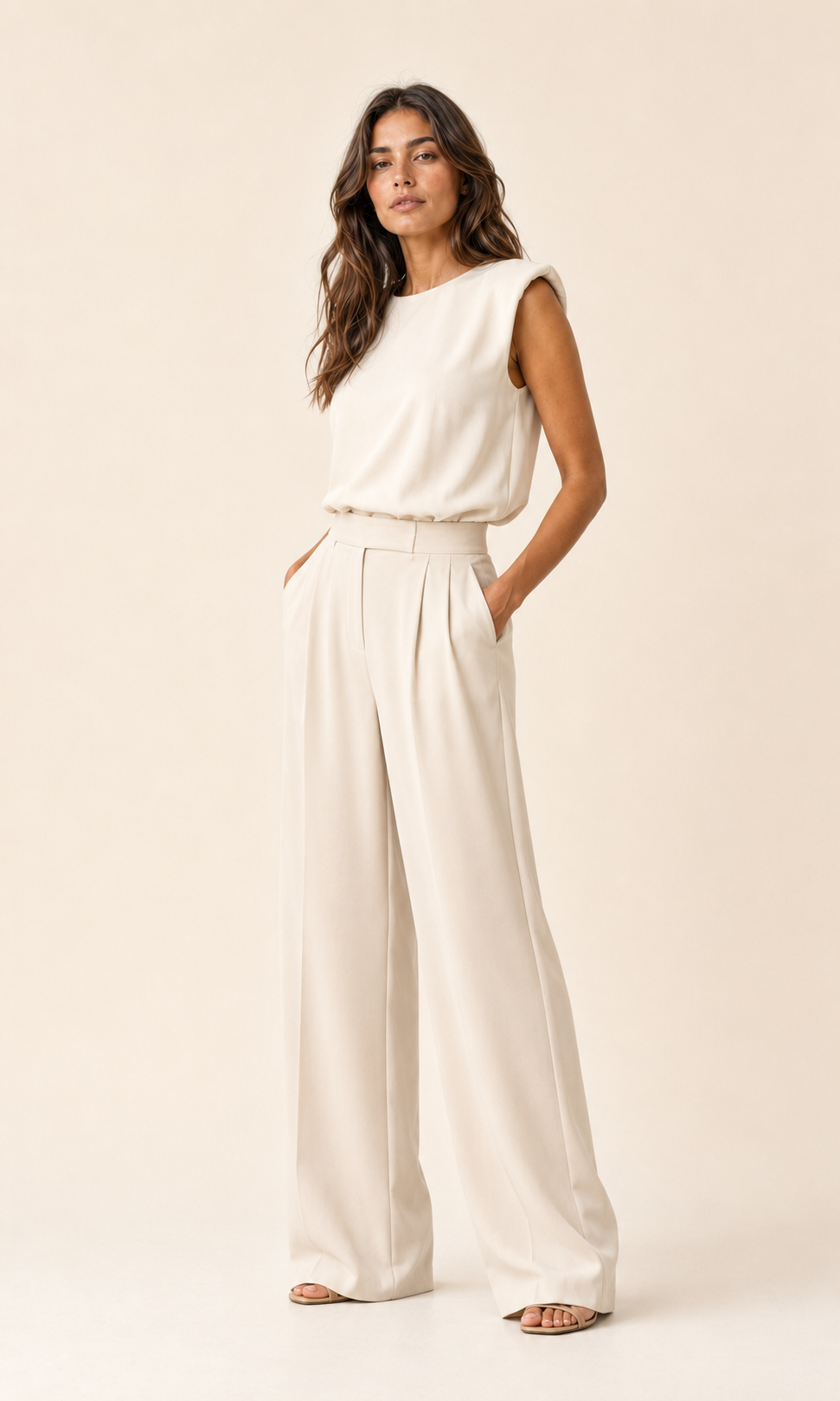 Conjunto de blusa sin mangas y pantalón ancho color crudo, con cinturilla elástica.