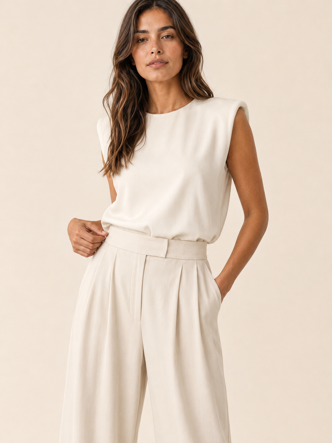 Conjunto de blusa sin mangas y pantalón ancho color crudo, con pliegues en la cintura.