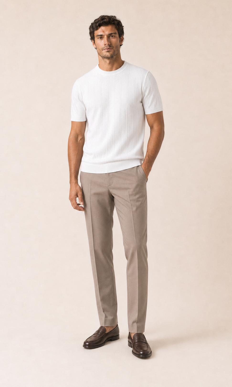 Camiseta blanca de punto con cuello redondo y manga corta