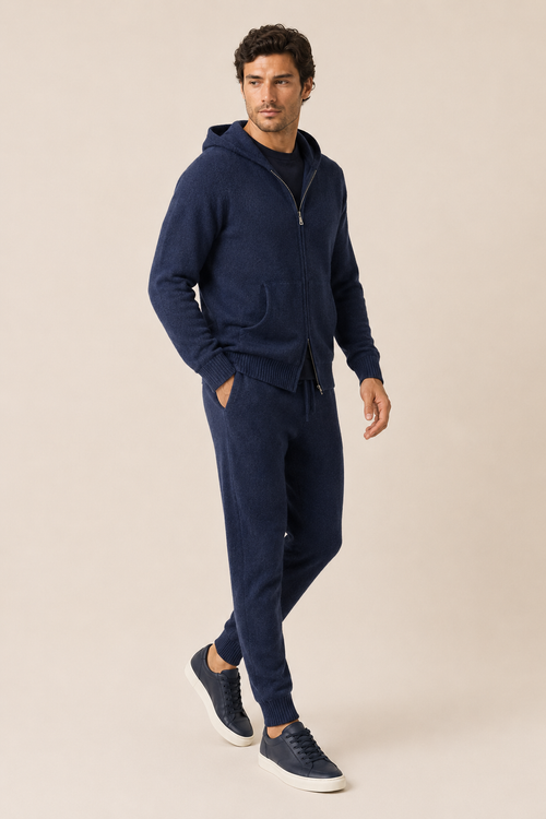 Conjunto de cachemira azul con sudadera con cremallera y pantalón con cordón
