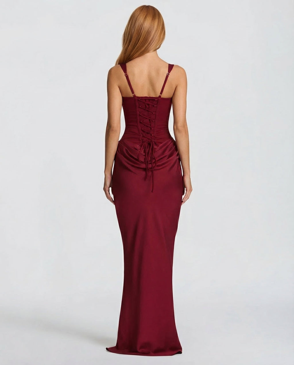 Vestido maxi burdeos con espalda al descubierto, tirantes finos y cordones traseros
