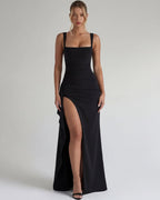 Vestido maxi FlorDeAzahar negro, tirantes finos y abertura lateral en la falda