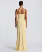 Vestido maxi FlorDeAzahar amarillo claro, tirantes finos y espalda descubierta