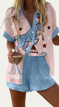 Conjunto de verano a juego Luna: blusa rosa claro con estampado espacial y shorts azules