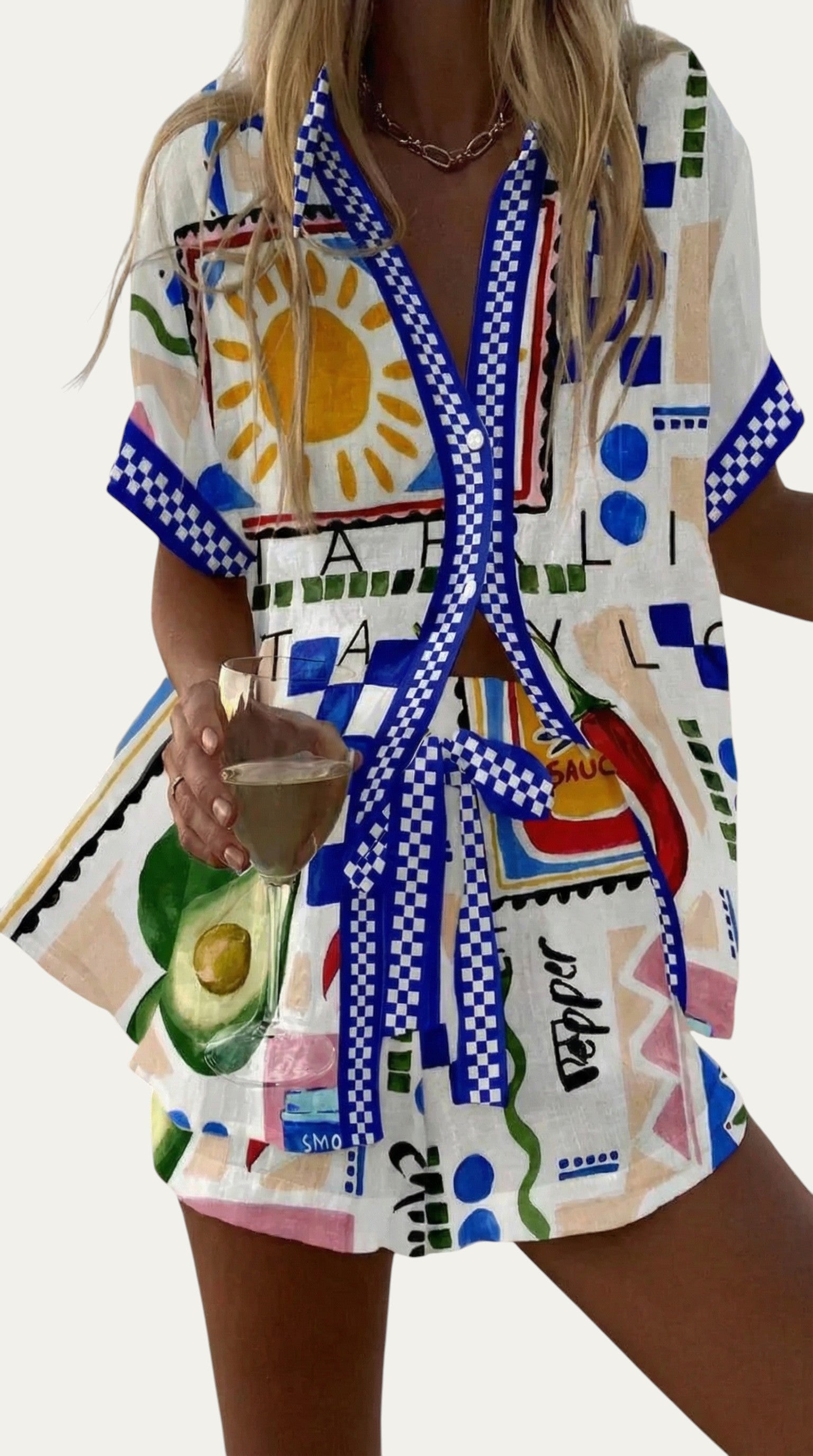 Conjunto de verano a juego: camisa suelta de manga corta y pantalón corto, estampado