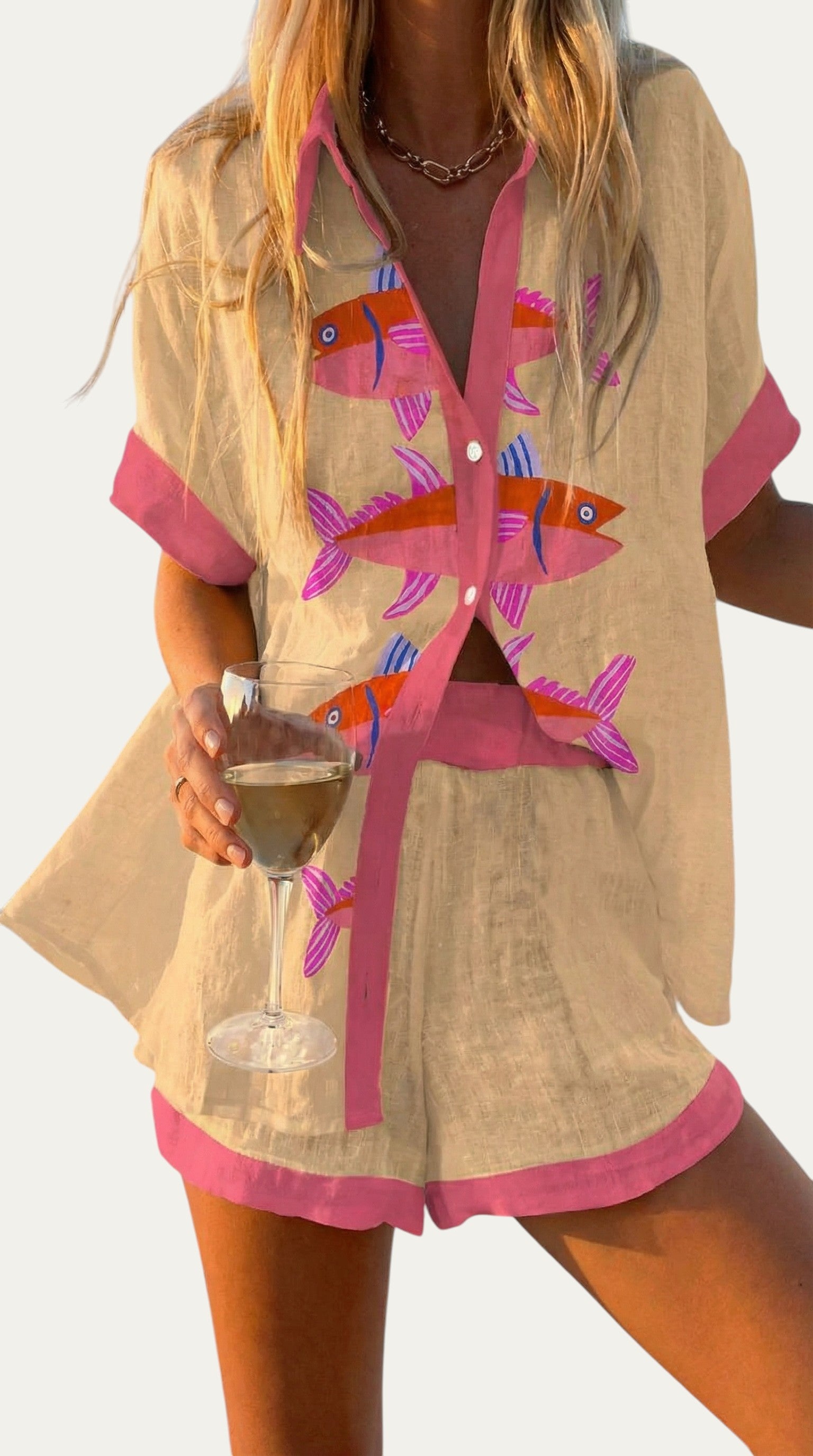 Conjunto de verano: blusa y short de lino con estampado fucsia y beige