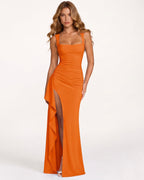 Vestido maxi FlorDeAzahar color coral, tirantes finos y abertura lateral