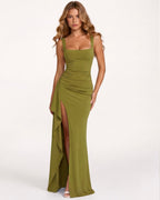 Vestido maxi FlorDeAzahar verde musgo, tirantes finos con abertura lateral