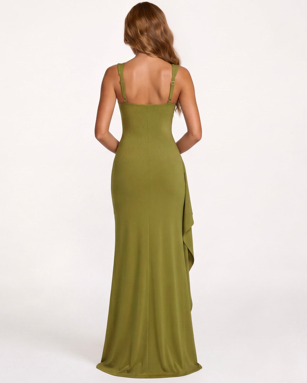 Vestido maxi FlorDeAzahar verde musgo con tirantes y abertura lateral