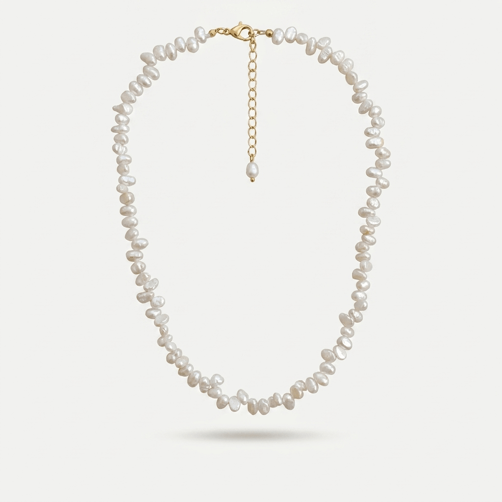 Choker de perlas blancas con cierre y cadena dorada, vista frontal.