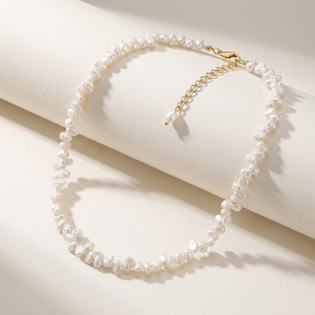 Choker de perlas blancas con cierre dorado, sobre fondo claro.