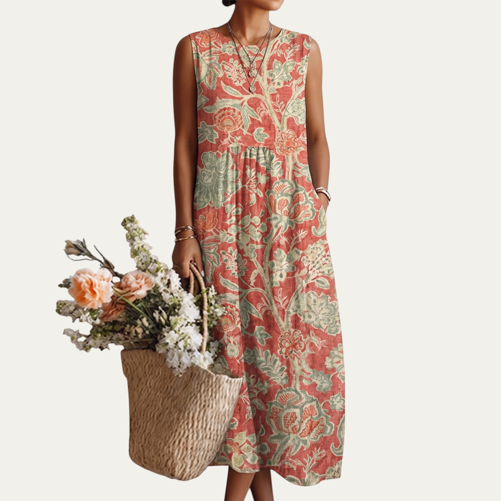 Vestido midi sin mangas con estampado floral coral y verde, botones al frente