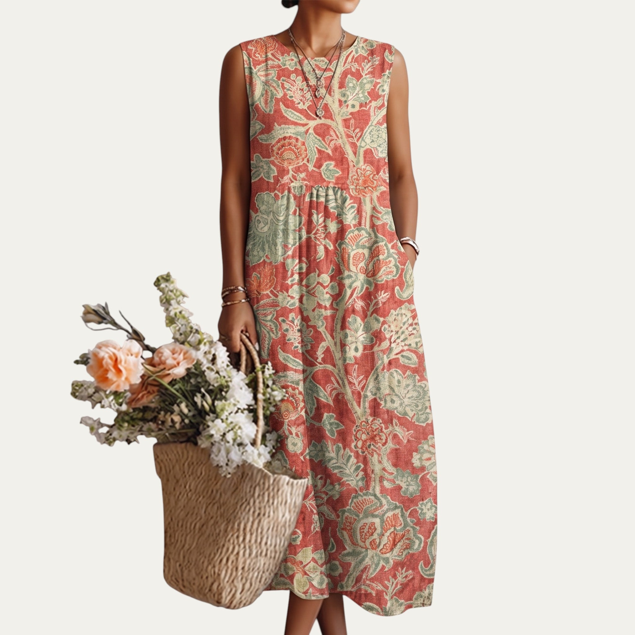 Vestido midi sin mangas con estampado floral coral y verde, botones al frente