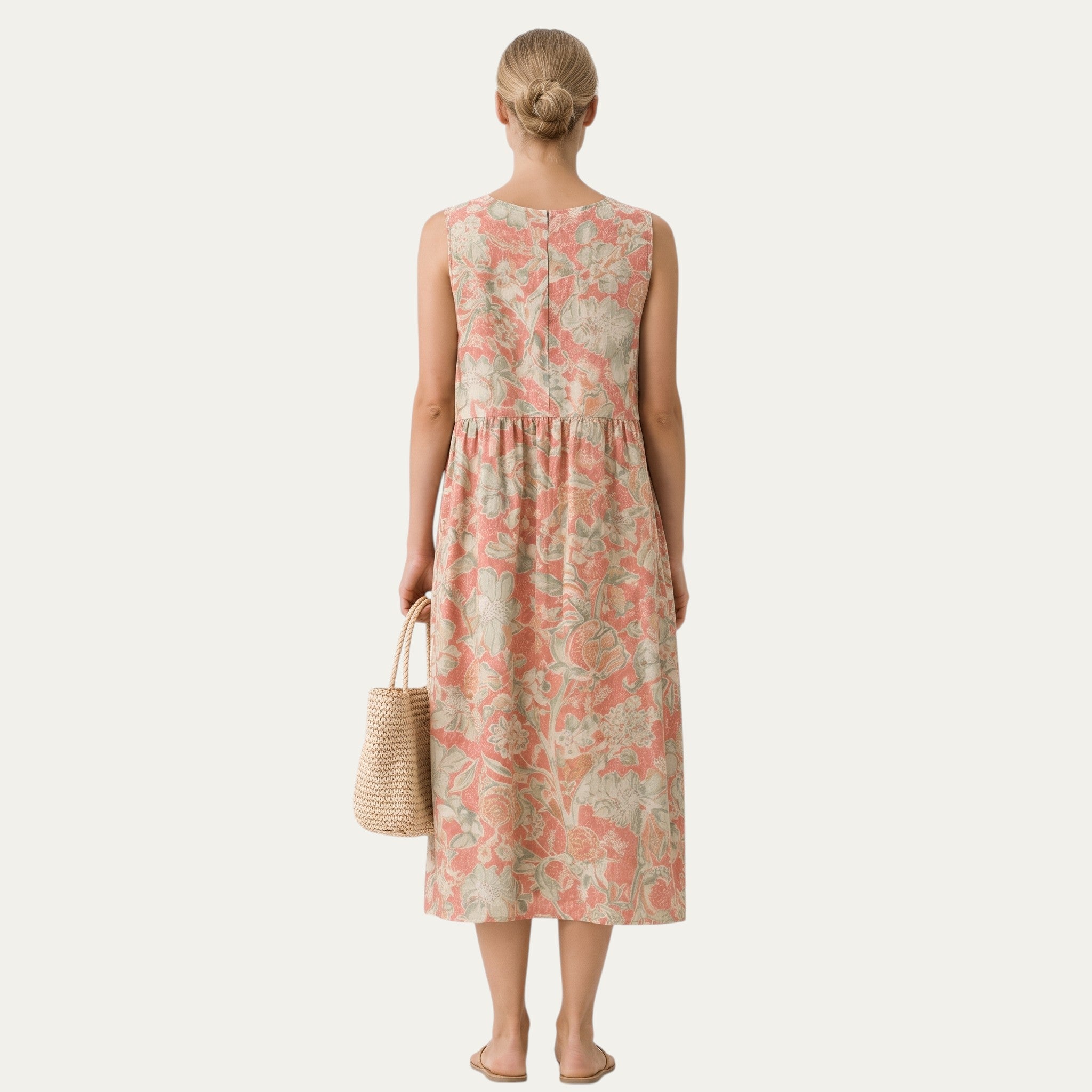 Vestido midi sin mangas con estampado floral coral y verde, vista trasera