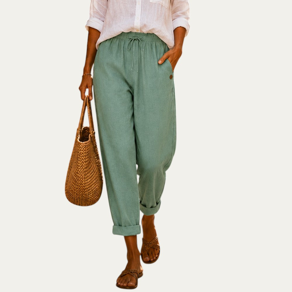 Pantalones de lino ligeros verdes con cintura elástica y cordón, puños al tobillo
