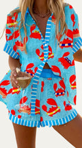 Conjunto de verano Marina: camisa azul estampada con botones y short a juego