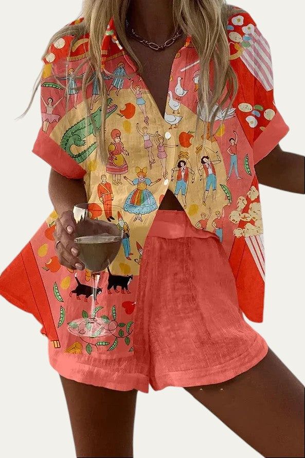 Conjunto de verano Fable con camisa y pantalón corto estampado colorido sobre rojo