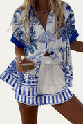 Conjunto de verano a juego con top y shorts de lino, estampado azul y blanco con botones