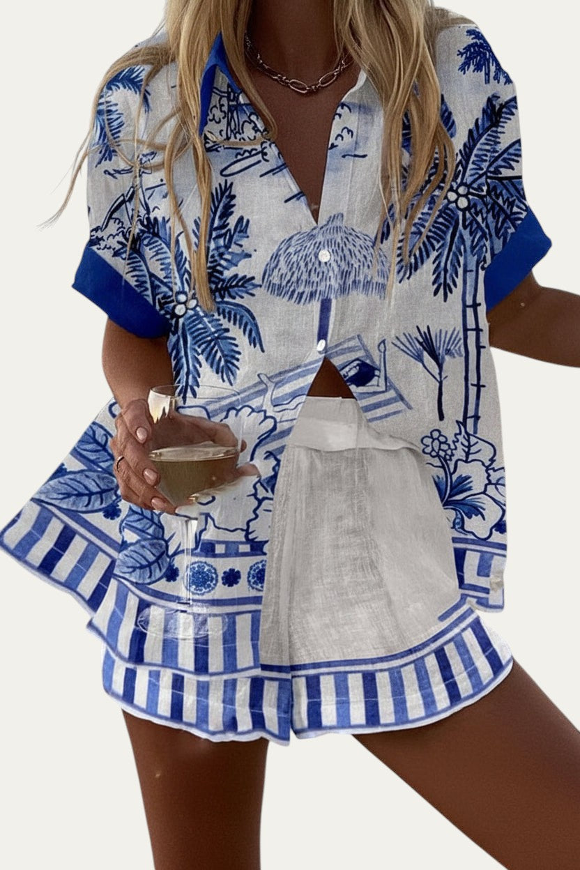 Conjunto de verano a juego con top y shorts de lino, estampado azul y blanco con botones