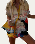 Conjunto de verano con blusa de botones y pantalón corto estampado multicolor