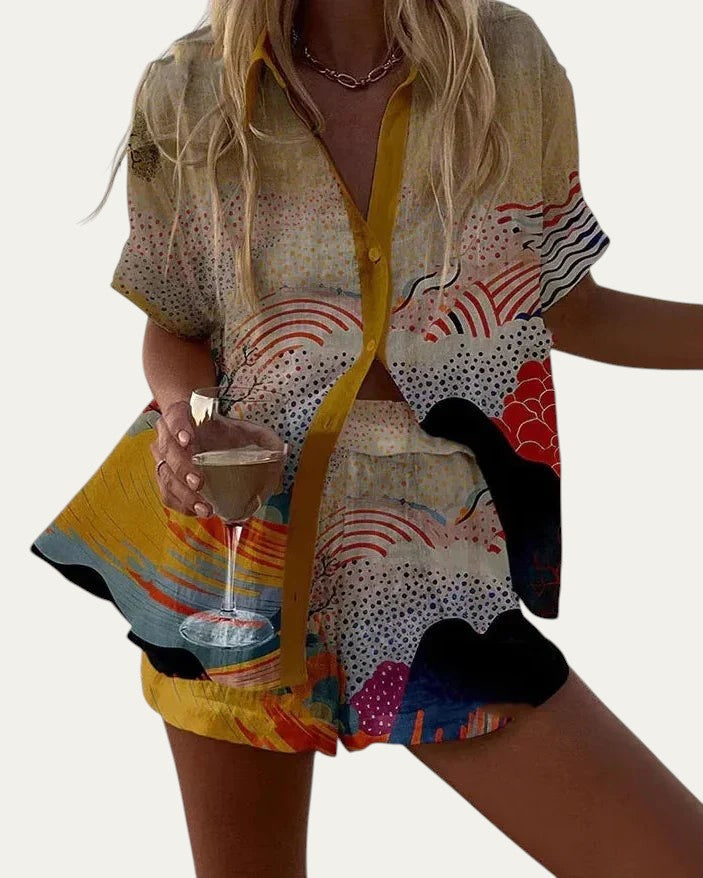 Conjunto de verano con blusa de botones y pantalón corto estampado multicolor