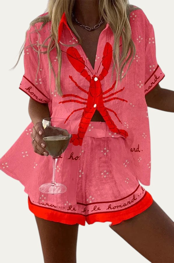 Conjunto de verano rojo: blusa con botones y short con estampado de langosta