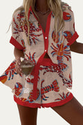 Conjunto de verano: camisa y short rojo con estampado marino y botones al frente