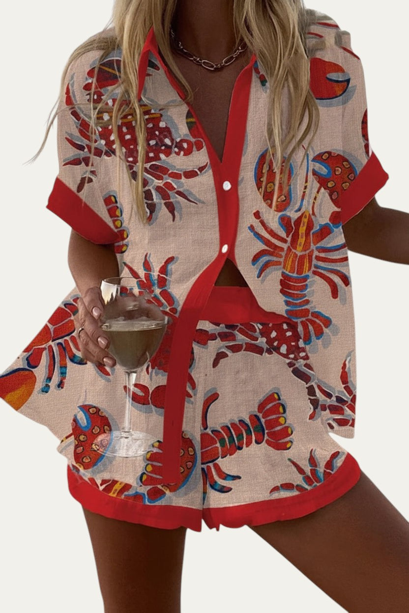 Conjunto de verano: camisa y short rojo con estampado marino y botones al frente