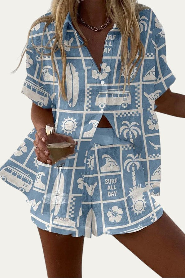 Conjunto de verano: camisa de manga corta y pantalón corto con estampado azul
